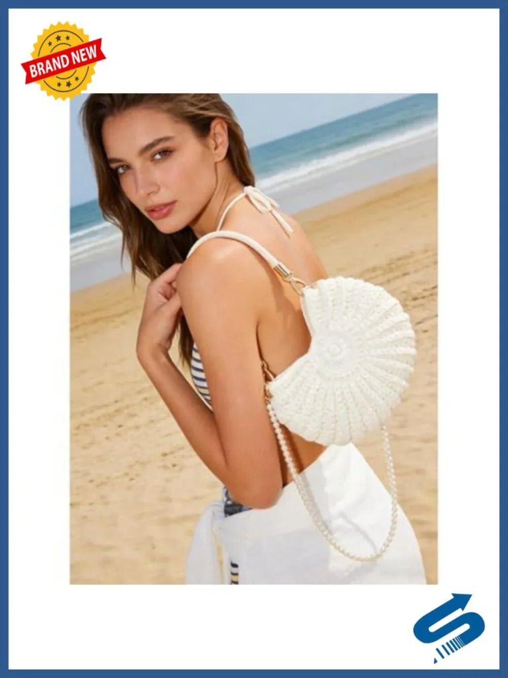 Handwoven Crochet Seashell Bag PU Leather Pearl Strap Boho Evening Clutch